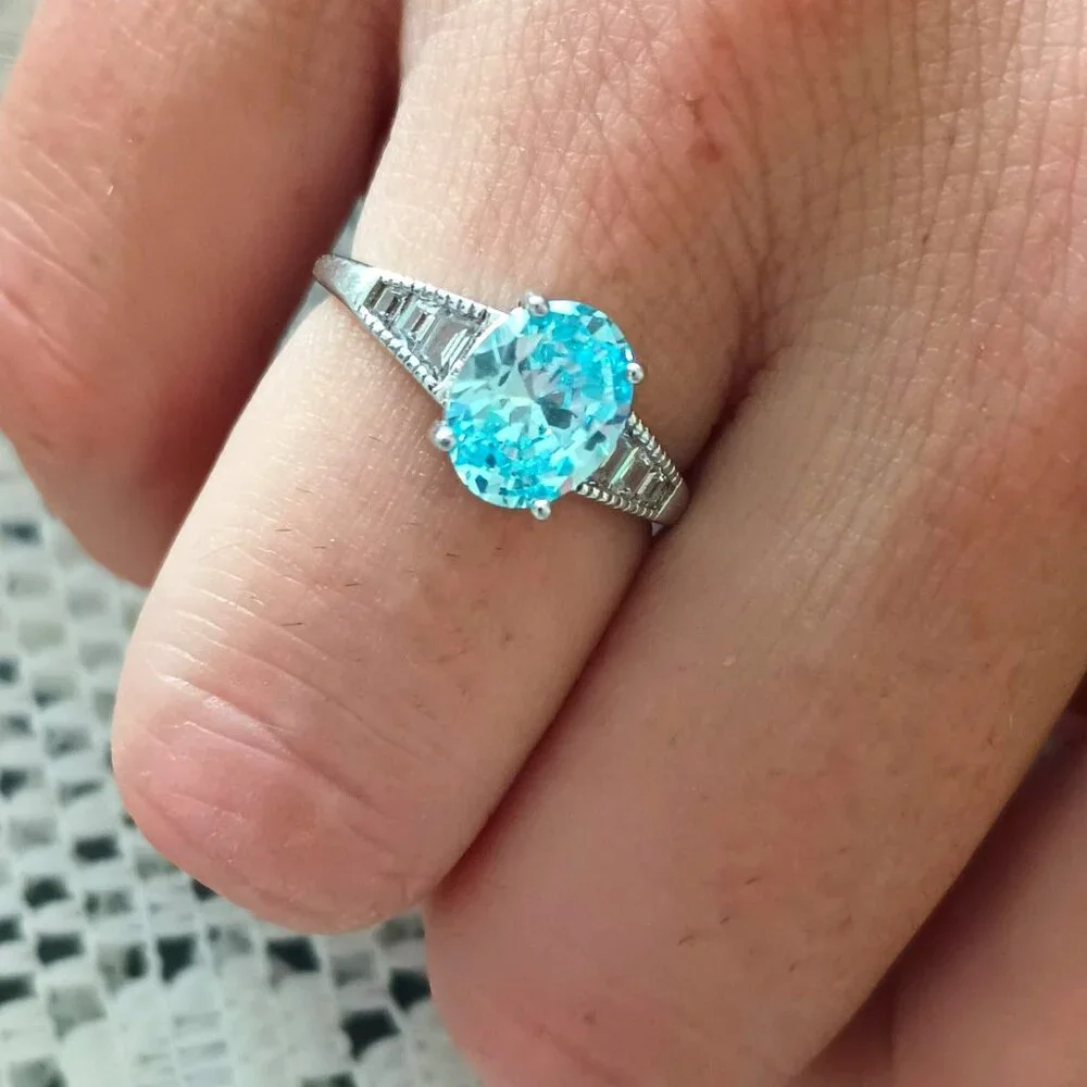 IBB 925 Light Blue Ring 7 Sterling Silver Solitaire with Clear Baguettes